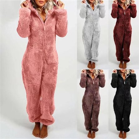 Dam Vinter Fluffy Fleece Hooded Allt i en Jumpsuit