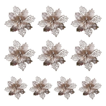 10 stk. Champagne Glitter Julestjerner, Kunstige Juleblomster med Clips, Glitter Juletræs Julestjerne Dekorationer til Jul