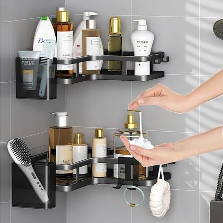 Hjørnehylde til brusebad, selvklæbende brusehylde, intet behov for at bore, 2-pak badeværelsesopbevaringsreol tilbehør, bruseopbevaring i rustfrit 