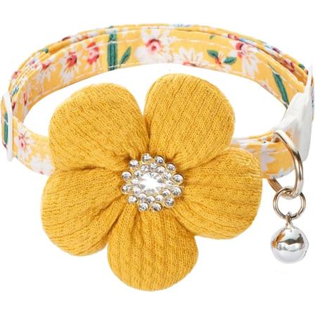 Kattekrage, løsningskrage for kattunger med blomst, krage med strass for katter med bjelle, blomsterkrage for kjæledyr med sikkerhetslås yellow