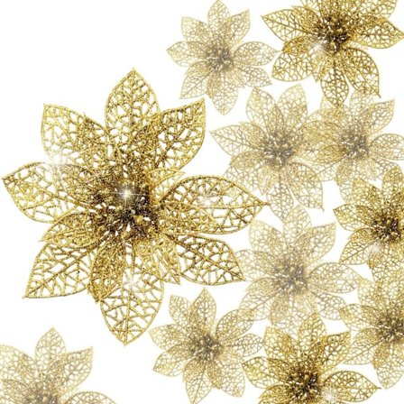24 stk. Jule Poinsettia Glitter Juletræ Ornament Jule Blomster Dekoration Ornament (Guld)