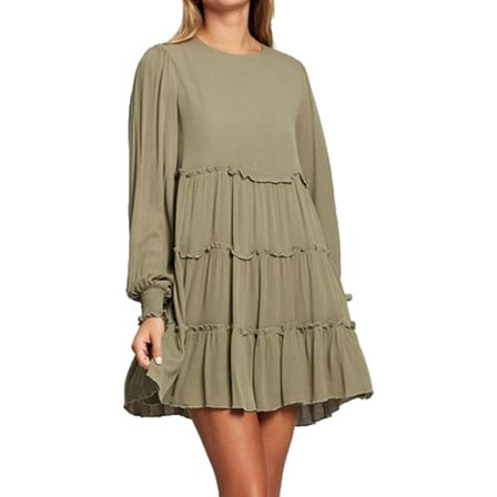 ivimos Kvinners Høst Bomull Lang Ermer Ruffle Casual Løs Swing Flytende Tunika Minikjole Hærgrønn X-Large