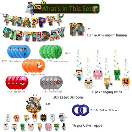 Pixelspel tema födelsedagsfest dekoration set Pixel War My World Spiral Tårtkort Ballong