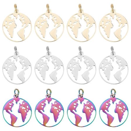1 Ask 18 st 3 Färger 17,5 mm Världskarta Berlocker 304 Rostfritt Stål Platta Runda Världsdelar Berlock med Hoppring Skiva Mynt Berlock för Halsband Br