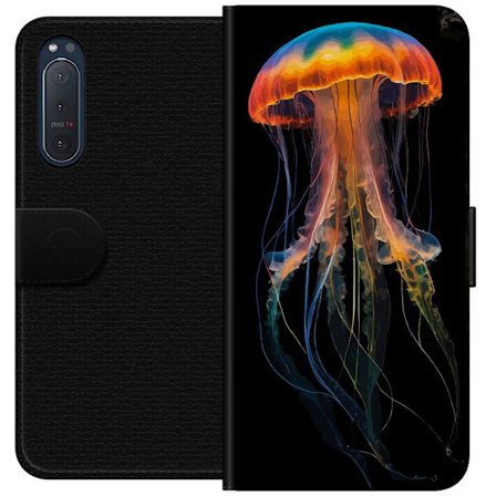 Kompatibelt Plånboksfodral till Sony Sony Xperia 5 II Färgstark manet i neonljus på svart bakgrund, detaljrik undervattensdesign med lysande tentak