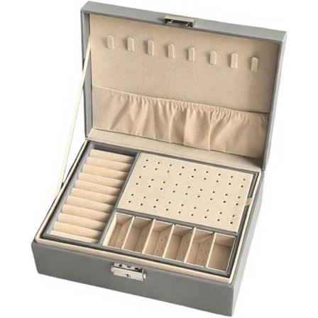 ING Flerlags smykkeorganizer, halskædeorganizer, luksus læderorganizer med skillevægge - grå