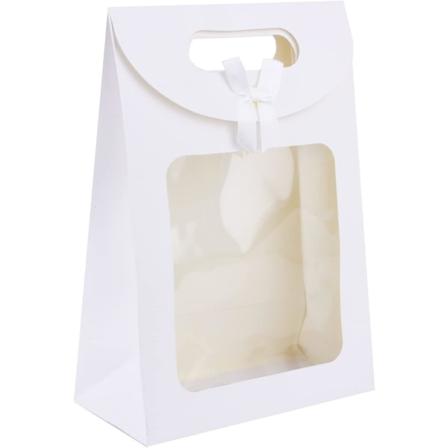 Sterk papir gavepose, 26 cm x 19 cm x 9 cm, brun kraftpose med klart vindu og sløyfe - Pakke med 12