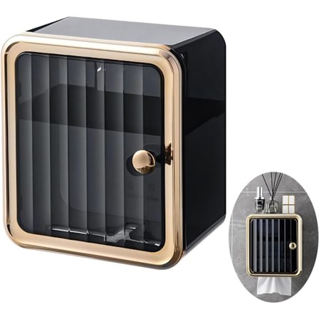 Väggmonterad självhäftande toalettpappershållare med lock, husdjurssäker och vattentät, perfekt för badrum - (svart)