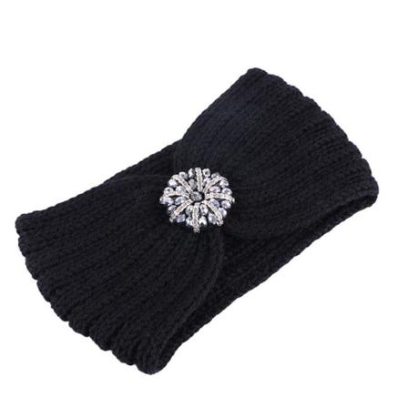 Stickat Pannband Med Vacker Juvel Diamanter Stenar Höst Vinter Black One Size