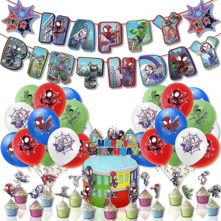 REMAKE Spidey och hans fantastiska vänner födelsedagsdekorationer, Spidey Friends party tema Grattis på födelsedagen banner, ballonger, tårtdekoration