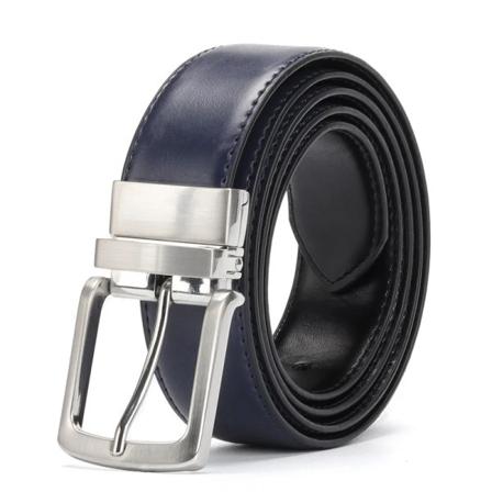Herrbälte i äkta läder Vändbart för jeans Herr Klänning med roterat spänne Bälten Designer bälten av nötskinn för män Svart Blue-Black 130cm 44to47 