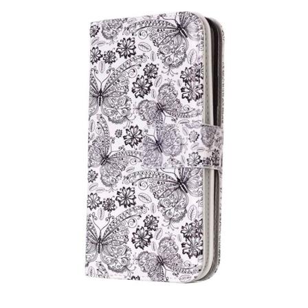 Lommebokveske for iPhone X/XS - Hvit med sommerfugler og blomster Hvit, svart