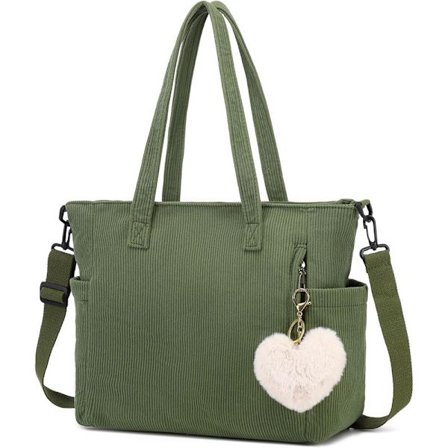 Ny damehåndveske, Cordfløyel shopper bag for kvinner, stor skoleveske for kontor, skole og shopping grønn