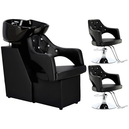 Leia frisörtvättställ set och 2 x frisörstol hydraulisk svängbar fotpall för frisörsalong rörlig skål keramisk blandare kran handset