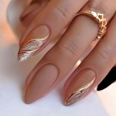 24 stk. Brune Press-on Negler Mandelformet - Korte Falske Vårnegler Press-on Fransk Manikyr med Gullglitterdesign Heldekkende Løsnegler med Lim