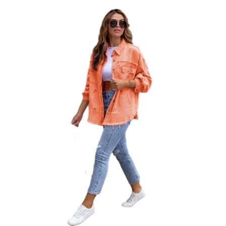 Mid-længde Hul Løstsiddende Denimjakke Kvinde