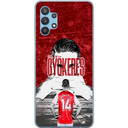 Yhteensopiva Puhelinkuori Samsung Galaxy A32 5G Punainen dramaattinen kollaasikuva, jossa esiintyy Viktor Gyökeresin muotokuva ja pelaajia takaapäin a