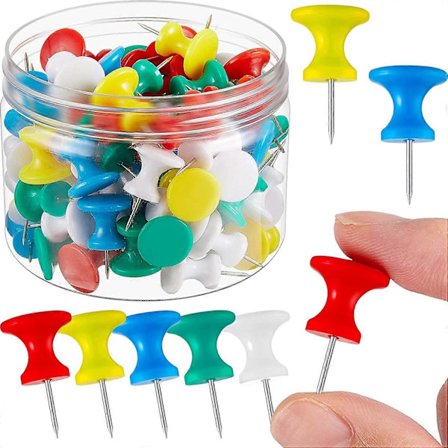 100 Stk. Jumbo Gigantiske Store Tegnestifter 2,5 cm Standard Tommelstifter Stålspiss og Plastikkhode Tegnestifter for Korktavle (Rød, Gul, Blå, Grønn,