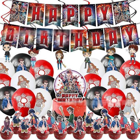 Stranger Things Tema Grattis på födelsedagen Party Banner Hängande Virvlar Tårtdekoration Ballonger Kit Dekor