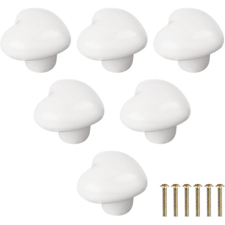 Pakke med 6 hjerteformede skabsknopper, keramiske møbelknopper, skuffeknopper, knopper til skabe med skruer til skabe, garderobeskabe (hvid)