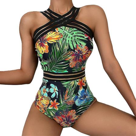 Damblommiga Boho Monokini Badkläder sommar i ett stycke Black S