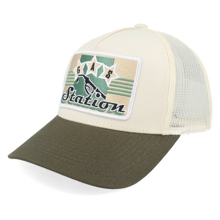Iconic - Beige trucker Caps - Gas Station Sign Stone/Olive A-frame Trucker @ Hatstore