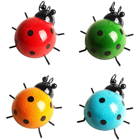 WABJTAM 4-delad metalldekoration i form av nyckelpiga - väggdekoration i metall - väggkonst med nyckelpigor i metall för trädgård, gräsmatta, hem och 