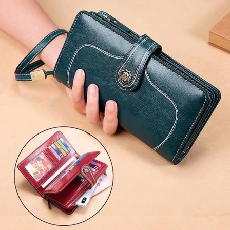 Ægte læderpung til kvinder - RFID - Lang - Grøn - Ny