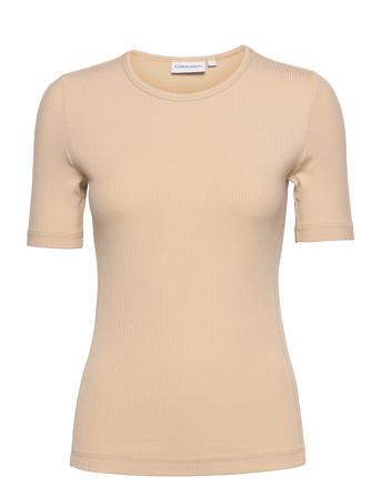 Modal Rib Crew Neck Top T-shirt Top Beige Calvin Klein