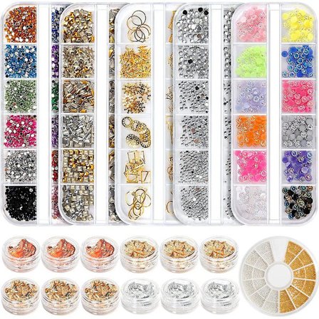 Profesjonelt neglesett med 6 bokser neglekunststein & 1 boks neglefolie, flerstørrelses steiner metallnegle nagler dobbeltsidig farget neglekunstfolie