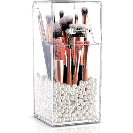 Acrylic Makeup Brush Holder Organizer With Lid,dustproof Cosmetics Brush Storage Box Case With White Pearls For Bathroom, Dresser, Vanity And Counter