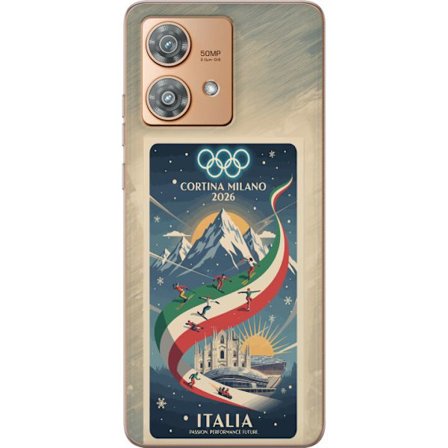 Kompatibelt Mobildeksel til Motorola Edge 40 Neo Skiskytterillustrasjon med skiløper som sikter med gevær på en snødekt løype, teksten Milano Cortina