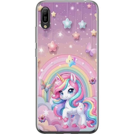 Kompatibelt Mobildeksel til Huawei Y6 Pro (2019) Magisk enhjørning med regnbue manke, stjerner og sommerfugler mot en pastellhimmel med skyer