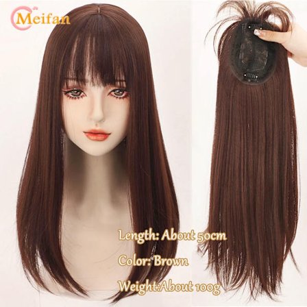 MEIFAN Långt rakt hår Toppers Clip Hair Extensions Syntetiskt hår Topper Natural Black Brown 3-Clip with Bang Fake Hairpiere