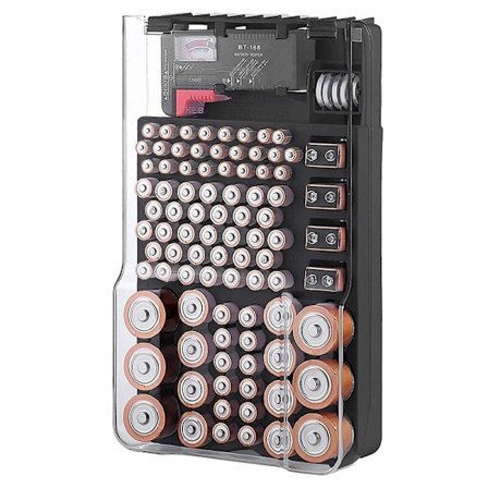 Batteriopbevaringsboks, arrangør med gennemsigtigt hængslet låg, med batteritester, rummer 93 batterier i forskellige størrelser, sort