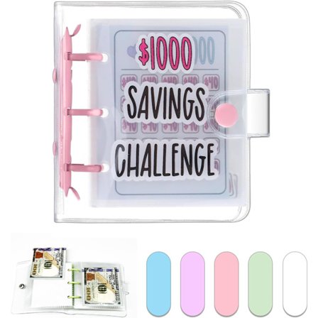 1000 Pengebesparende Udfordringsbinder - Bærbar Budgetorganisator med Kuverter, Mini Sporesparingsbog til Kontanter og Kort (Pink, Dep