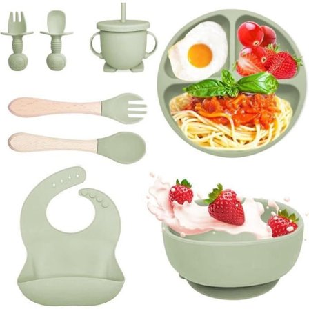 stk Baby Måltidssæt, Skridsikkert Baby Service Sæt Silikone med Sugekop Tallerken Skål Gaffel, Børnetallerkensæt, Grøn