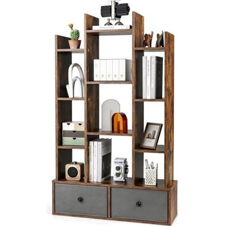 COSTWAY 132 cm industriel reol med 12 rum og skuffer Opbevaringshylde med anti-dumping-enhed Brun