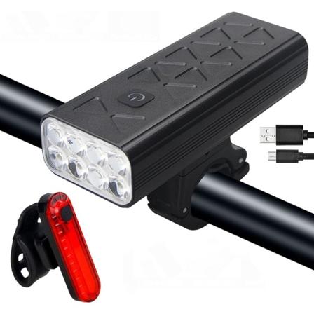 Sykkellykter for nattkjøring, USB-C vanntett sykkellykt, supersterk, oppladbar, foran og bak, LED-lys for landeveissykkel, svart