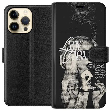 Kompatibel Tegnebogsetui til Apple iPhone 15 Pro Max Lady Gaga sort-hvid retroplakat med solbriller og popkunst-æstetik