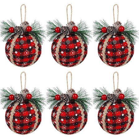 9 stk. Juleplaid Kuglepynt - 3 tommer Sort & Rød Buffalo Plaid Stof Kuglepynt med Pinjekogler og Grønt, Plaid Juletræ Hængende