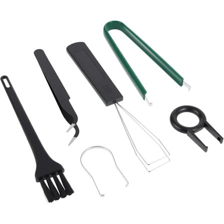 6-osainen näppäimistön irrotustyökalusarja, näppäinhattujen irrotustyökalu, näppäimistön puhdistusharja, näppäinkytkimen vedin, näppäinhattupihdit 