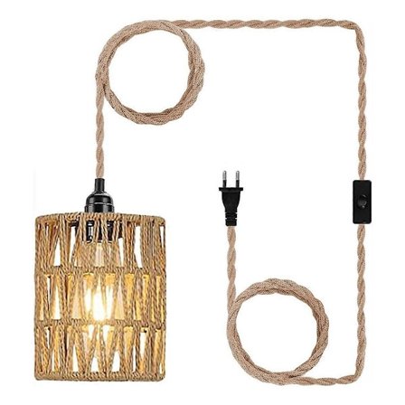 Boho Pendellampe med Stik, Hængelampe med Stikledning, Loftlampe Rattan Cylinder Lampeskærm - Perfekt