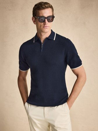 John Henric Men's Navy Blue Knitted Polo Half Zip Cotton Size S
