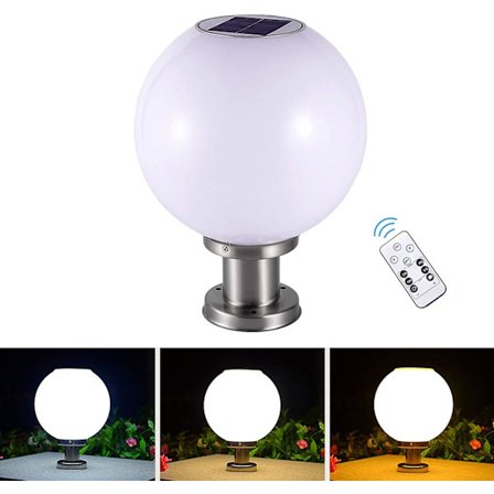 Led solcelleportstolpe lampe utendørs, trådløs rund ball hage stolpe lys, dekk og terrassebelysning Ip65 vanntett, rustfritt stål, fjernkontroll, 