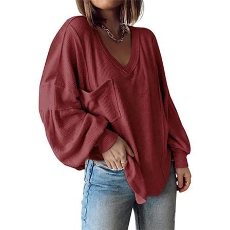 Enfärgad Tröja För Damer, Långärmad V-ringad Tunikablus