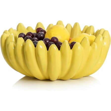 Bananformet keramisk frugtskål, gul dekorativ frugtkurv til køkkenbord og boligindretning