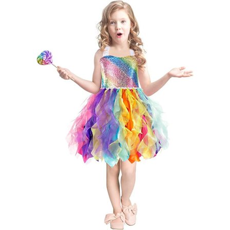 Tyttöjen tutu-mekko, kimaltava paljetti-tylli prinsessamekko värikäs {AZC} Colorful 10T