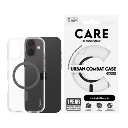 CARE by Panzer Flagship Case Transparent Urban Combat w. Black MagSafe iPhone 16 PanzerGlass - High quality tempered glass screen protector