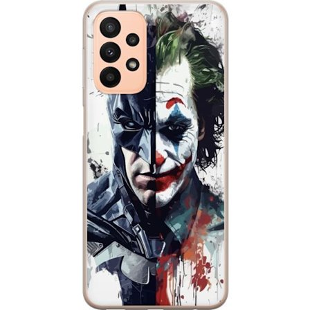 Kompatibelt Mobildeksel til Samsung Samsung Galaxy A23 Delt portrett av Batman og Joker i dramatisk illustrasjon, ikonisk superhelt motiv med mørk ku